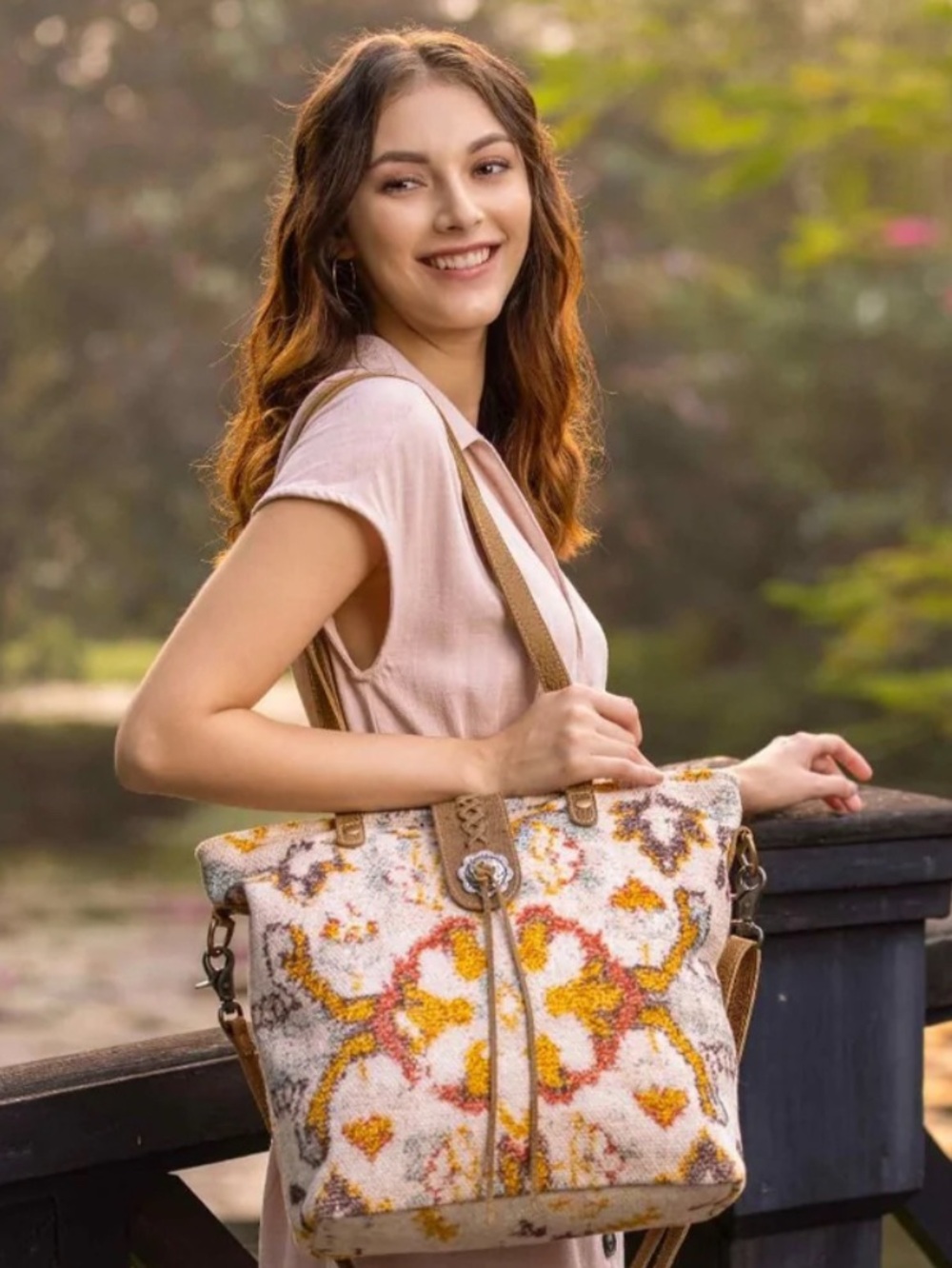 Myra Whimsical Boho Shoulder Bag Floral Tote Bag W/Leather Trim - Picture 2 of 16